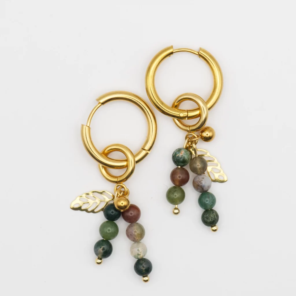 kolczyki z agatem indyjskim i listkiem ze stali