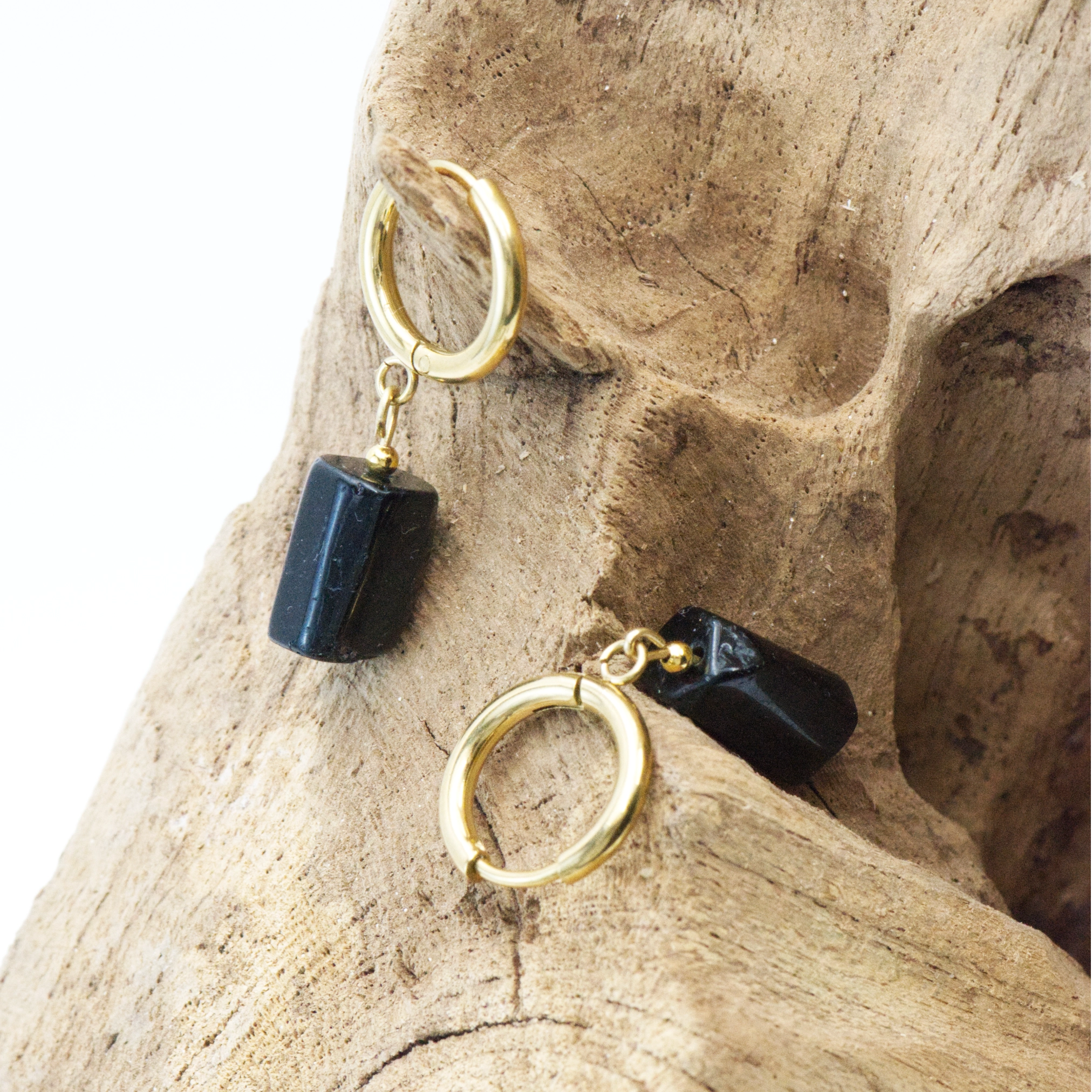 Kolczyki z Czarnym Turmalinem - Elegant Black Turmalin 3 kolczyki z zapięciem ze stali chirurgicznej z czarnym turmalinem