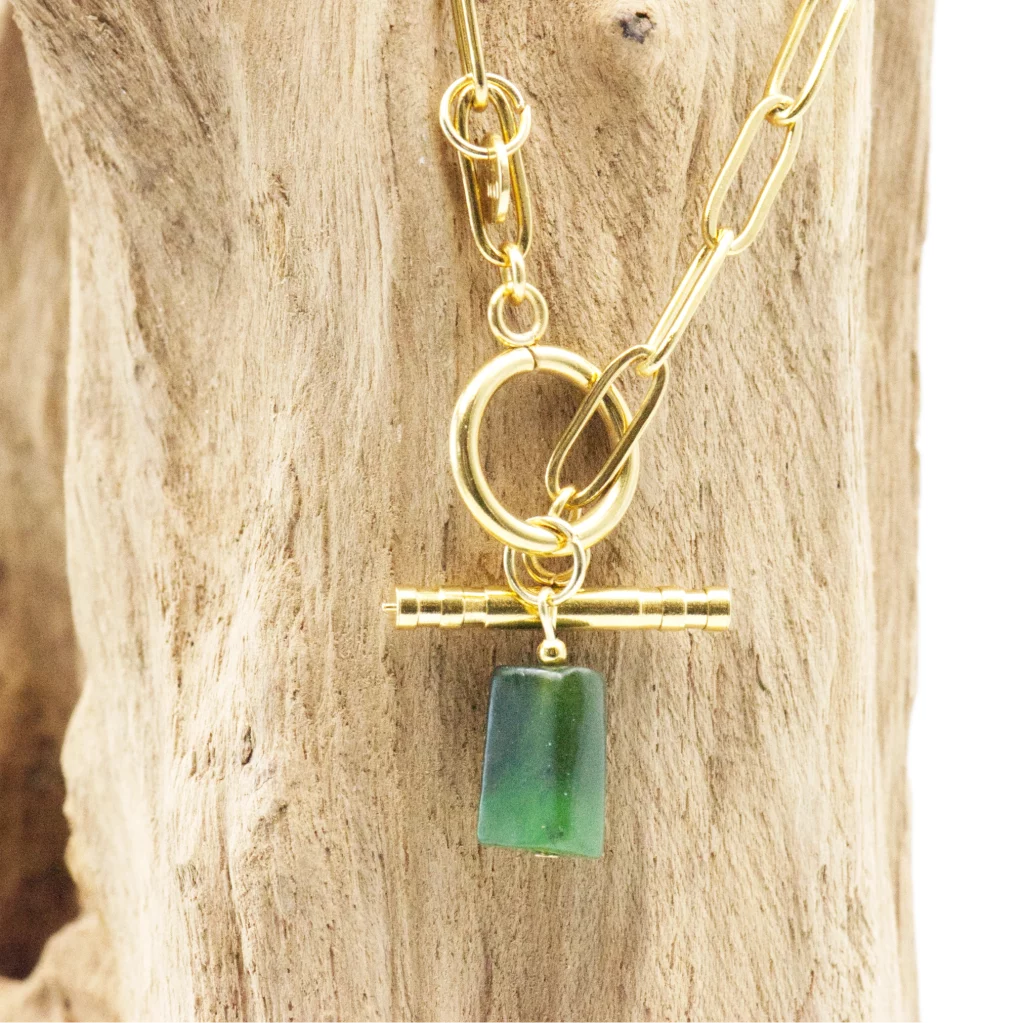 naszyjnik na łańcuszku ze stali chirurgicznej z kamieniem naturalnym nefrytem