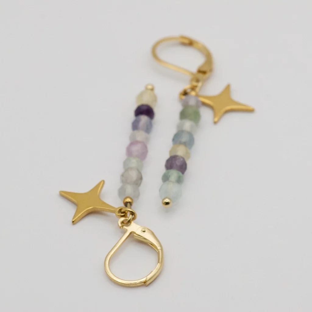 kolczyki stardust z fluorytu i zaiweszką ze stali chirurgicznej