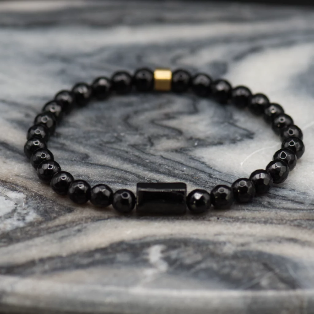 męska bransoletka z czarnym turmalinem z onyksem kamienie naturalne pollygemstudio